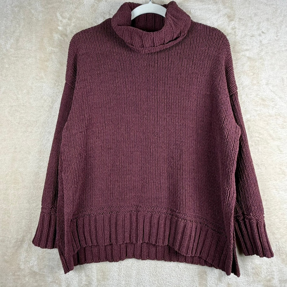 Aerie‎ Oversized Turtleneck Sweater Burgundy Plush Ribbed Knit Pullover XS